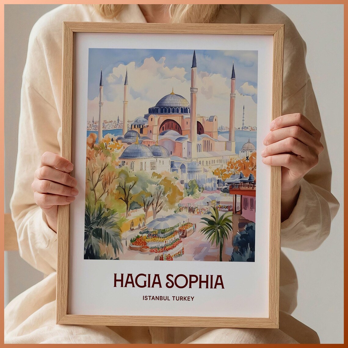 Hagia Sophia Istanbul Turkey Watercolor Domes Minarets Bazaar Art Poster