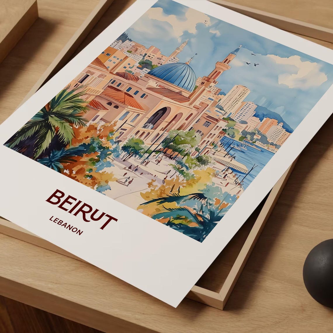 Beirut Lebanon Blue Dome Mosque Corniche Watercolor Travel Poster - Image 2