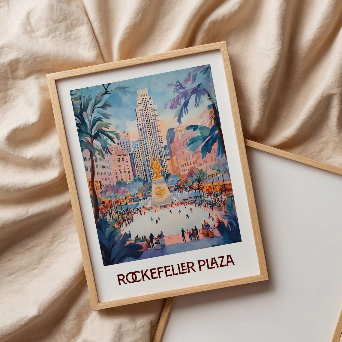 Rockefeller Plaza Ice Rink New York Watercolor Winter Poster Scene