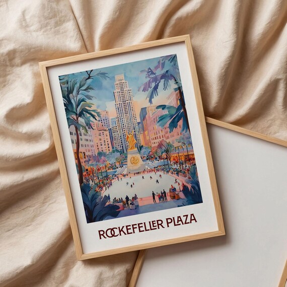 Rockefeller Plaza Ice Rink New York Watercolor Winter Poster Scene