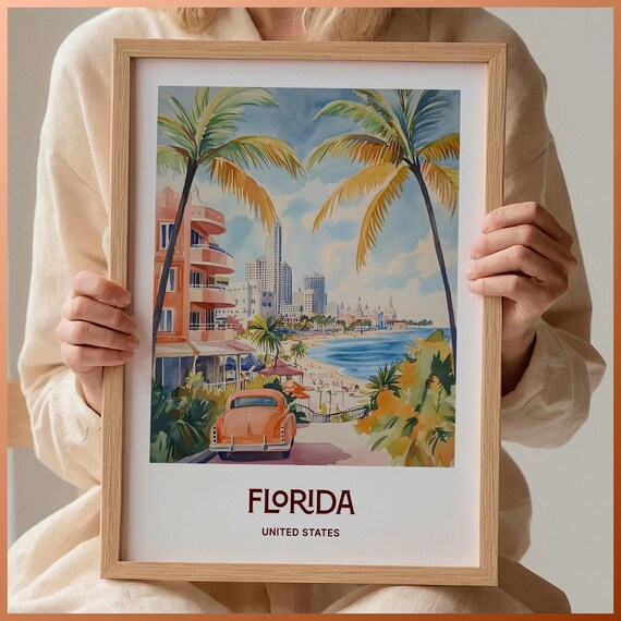 Florida Beachfront Boulevard Palm Trees Watercolor Poster Coast