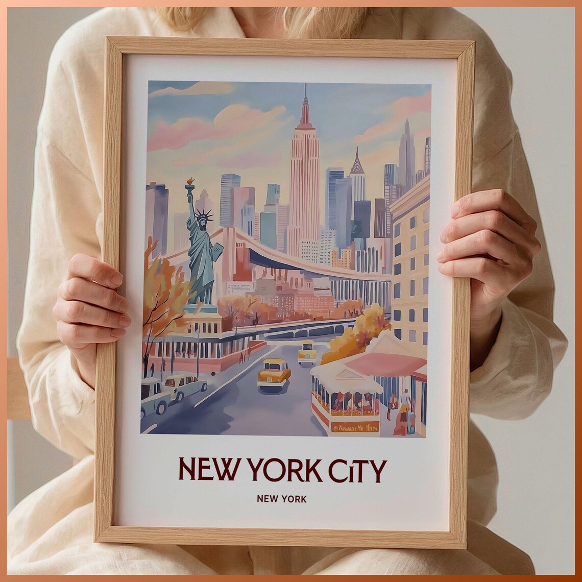 New York City Skyline Statue Of Liberty Watercolor Travel Poster