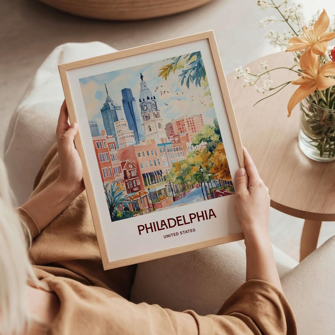 Philadelphia Skyline City Hall Tower Watercolor Travel Poster USA - Image 5