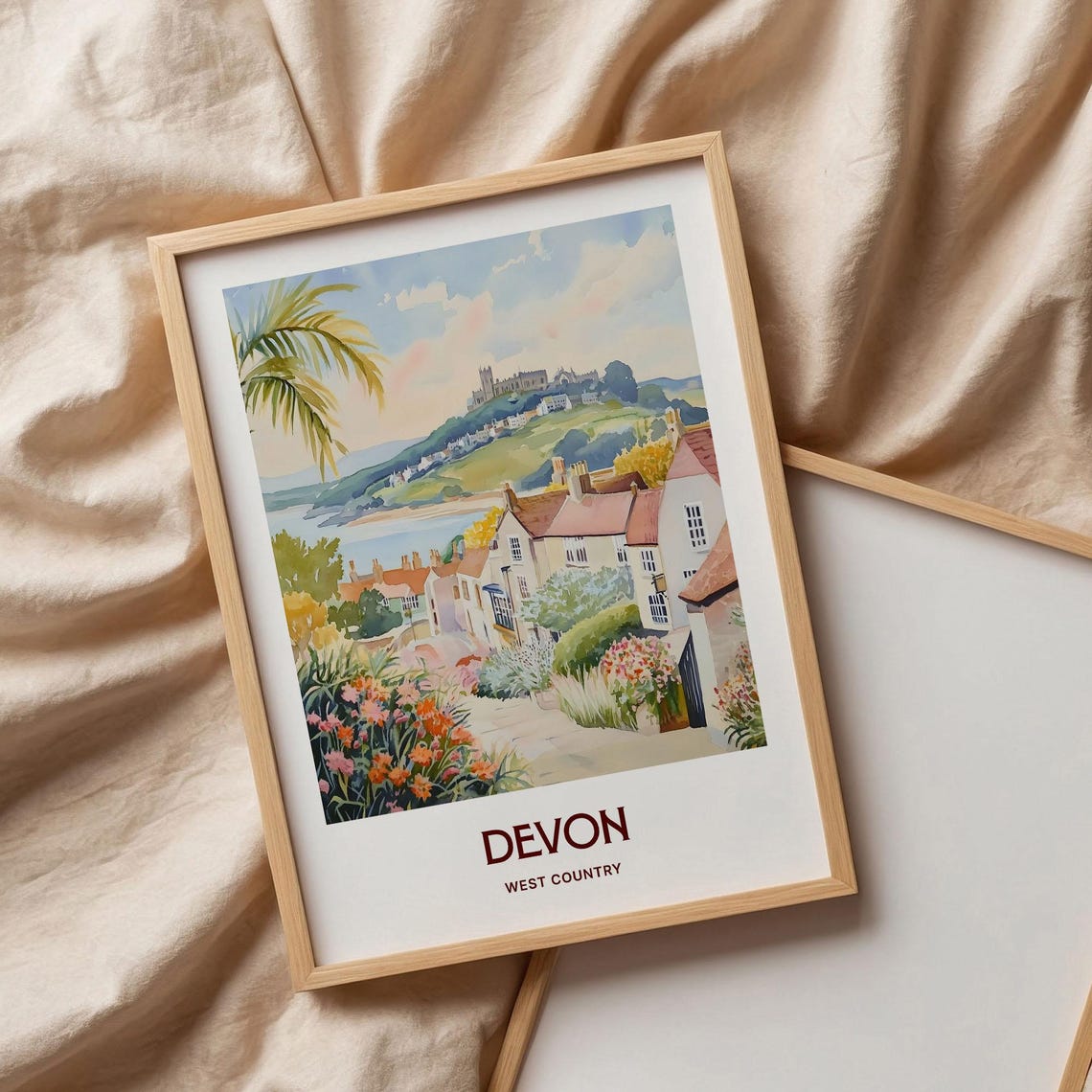 Devon West Country Coastal Town Abbey Hill Watercolor Travel Poster - Image 3