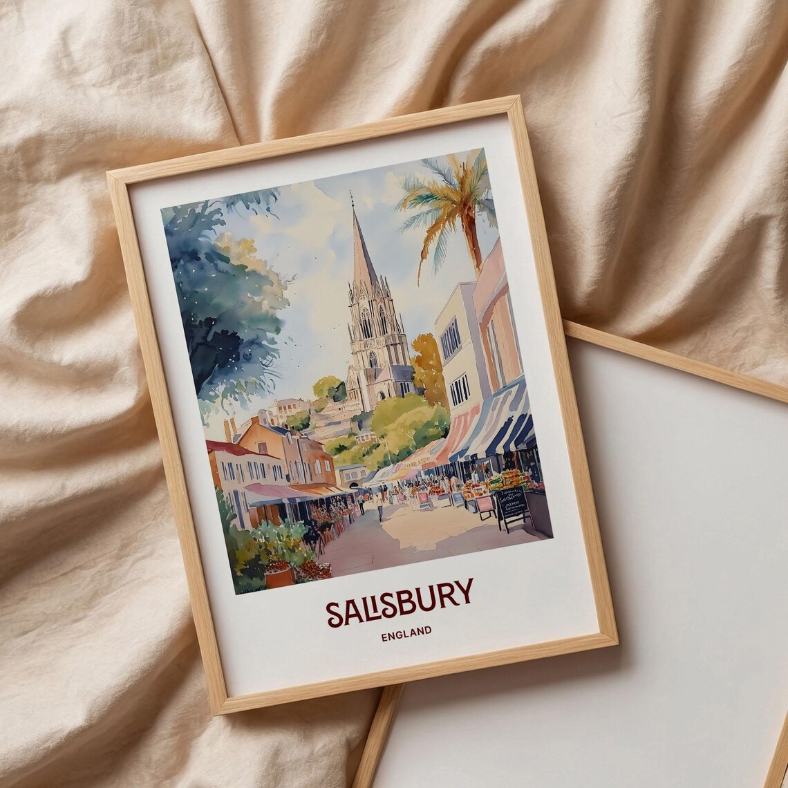 Salisbury England Watercolor Cathedral Spire Market Street Scene Poster - Image 3