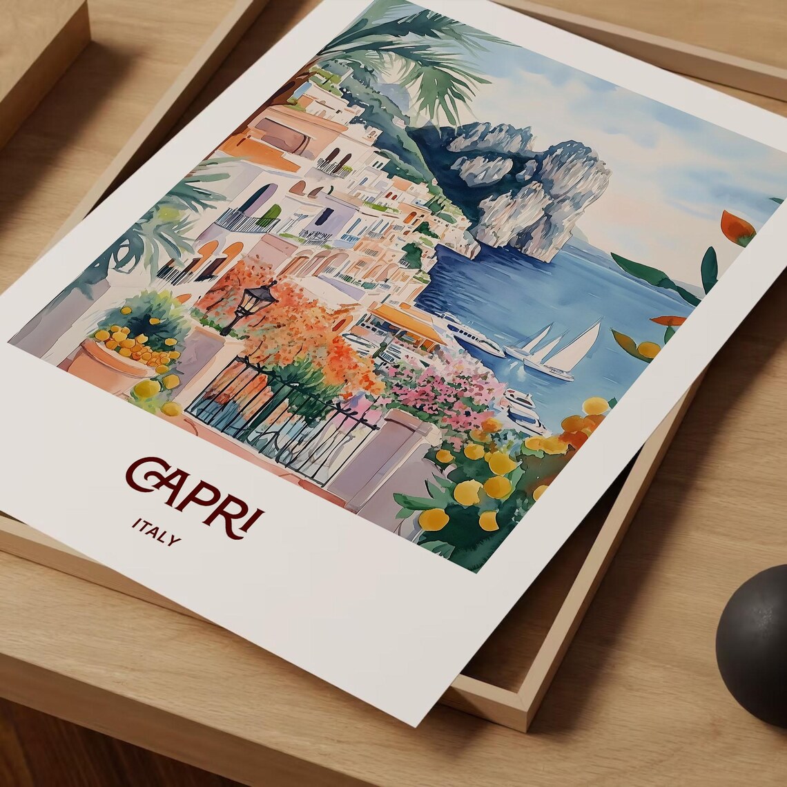 Capri Italy Faraglioni Cliffs Lemon Coast Watercolor Travel Poster - Image 2