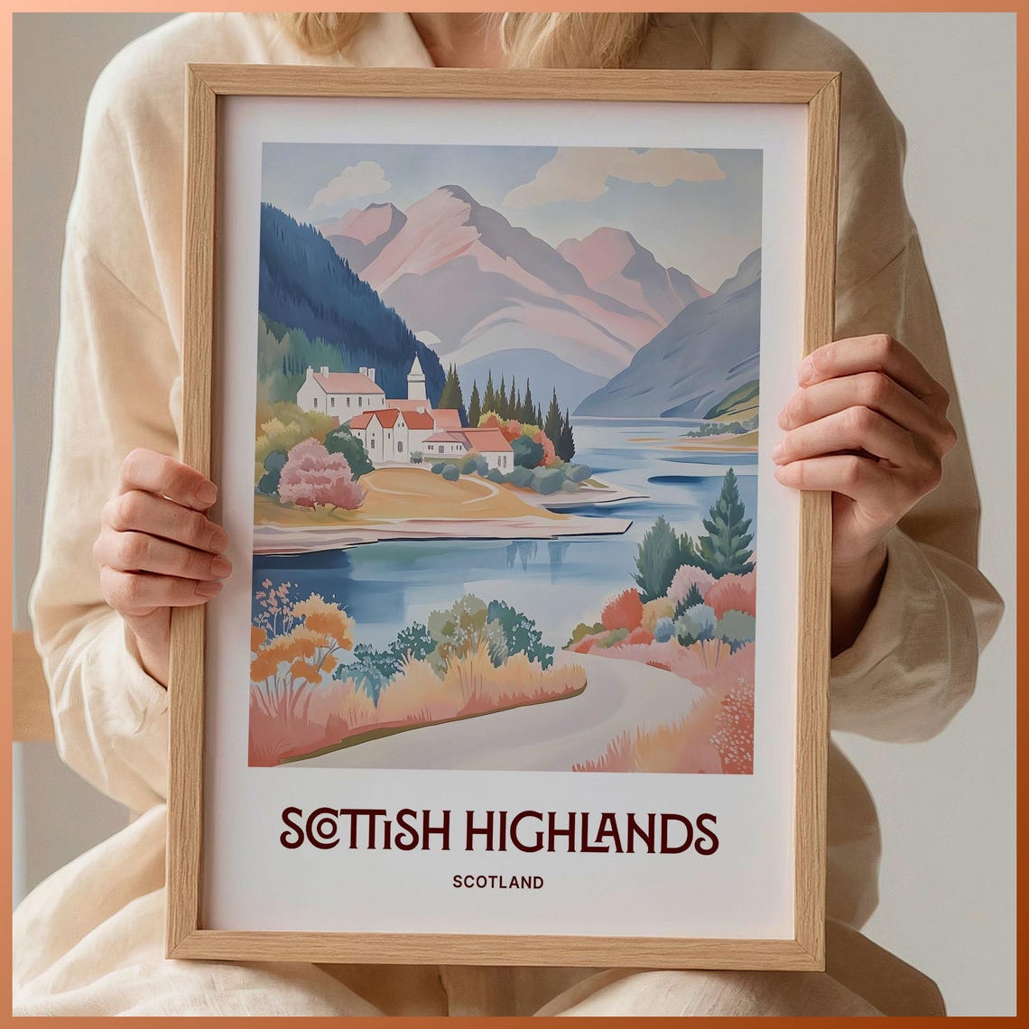 Scottish Highlands Scotland Loch Village Mountain Watercolor Poster