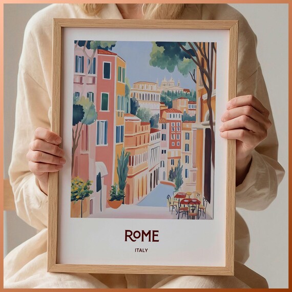 Rome Italy Colosseum Street Cafes Minimalist Travel Art Poster