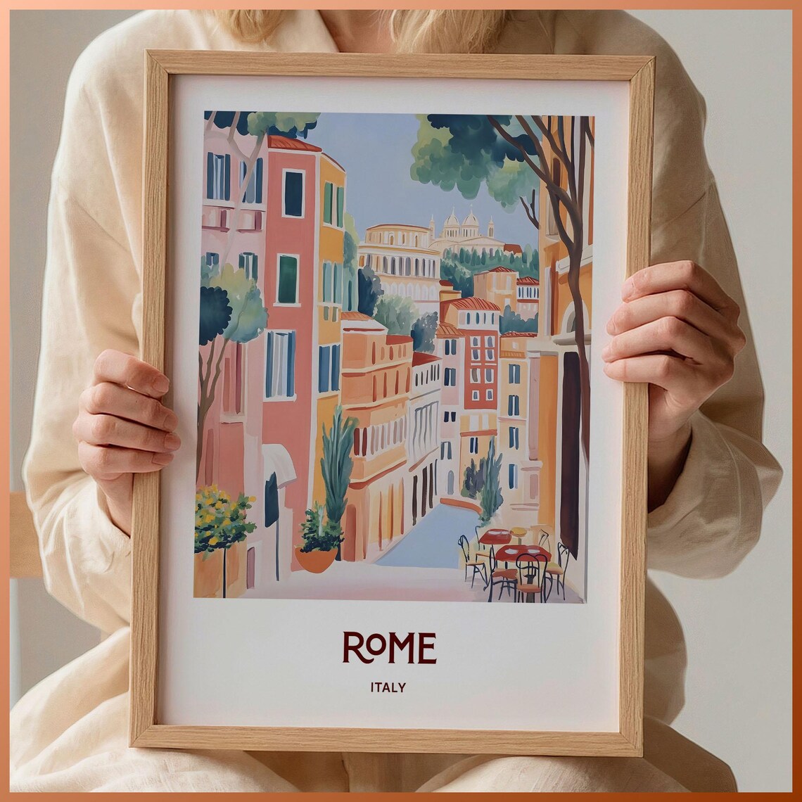 Rome Italy Colosseum Street Cafes Minimalist Travel Art Poster