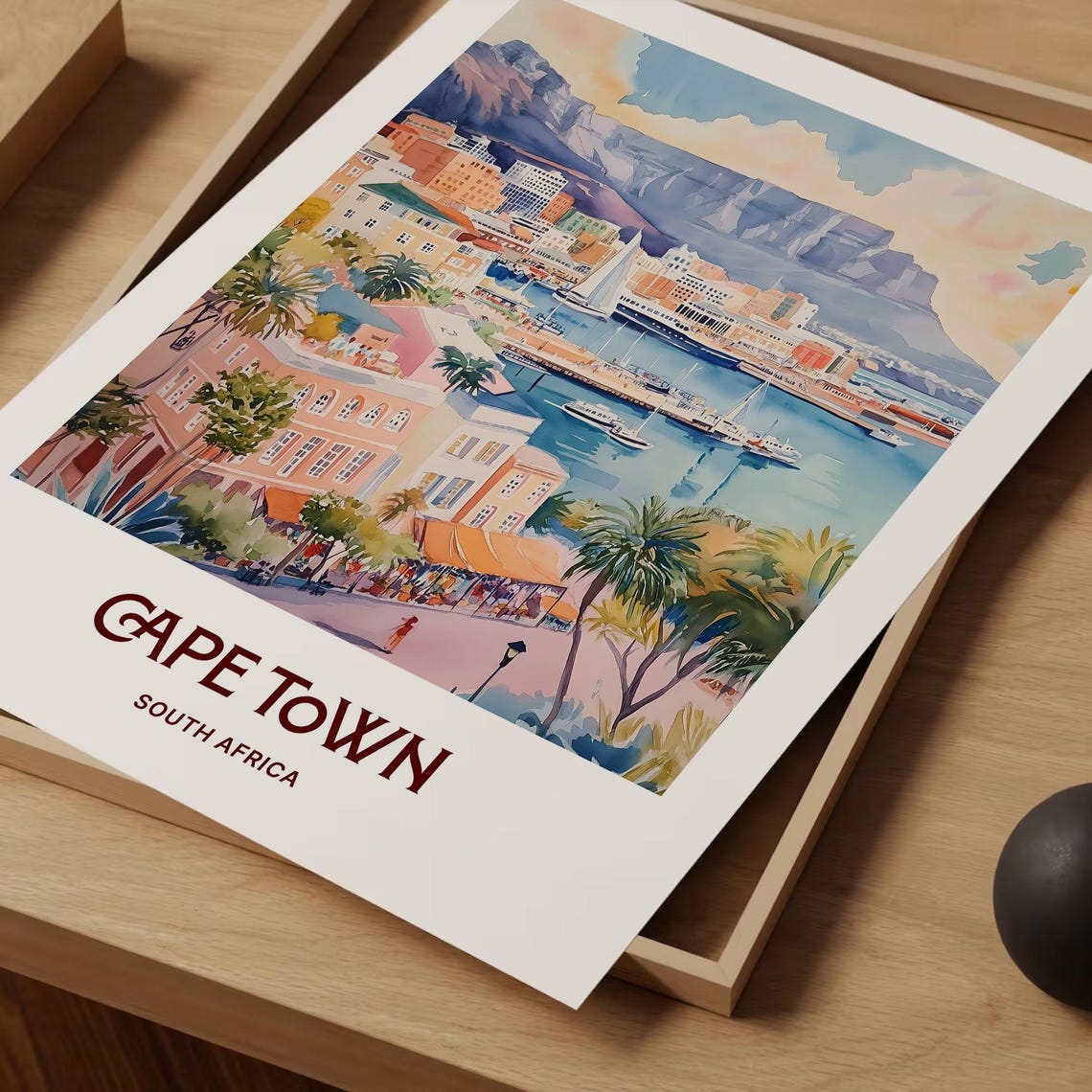 Cape Town South Africa Table Mountain Harbor Watercolor Travel Poster - Image 2