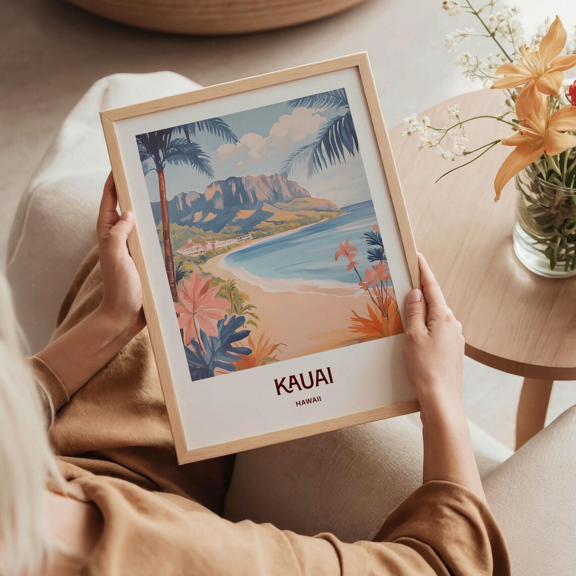 Kauai Hawaii Beach Palms Mountain Coast Tropical Watercolor Travel Poster - Image 5