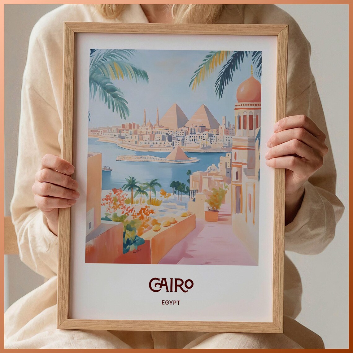 Cairo Egypt Pyramids Nile River Mosque Watercolor Travel Poster