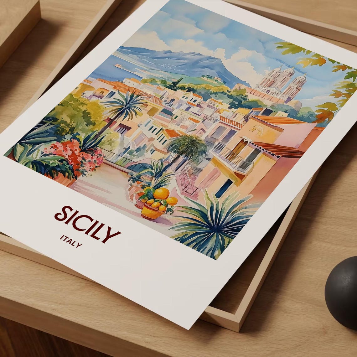 Sicily Italy Coastal Hillside Town Watercolor Poster Citrus View - Image 2
