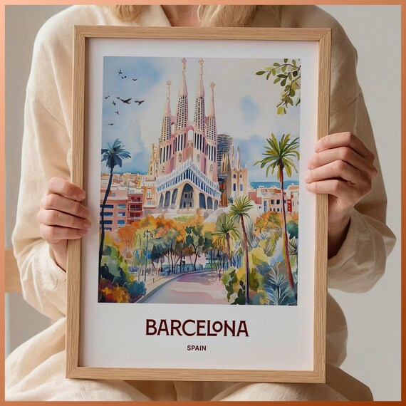 Barcelona Spain Sagrada Familia Palms Minimalist Cityscape Poster