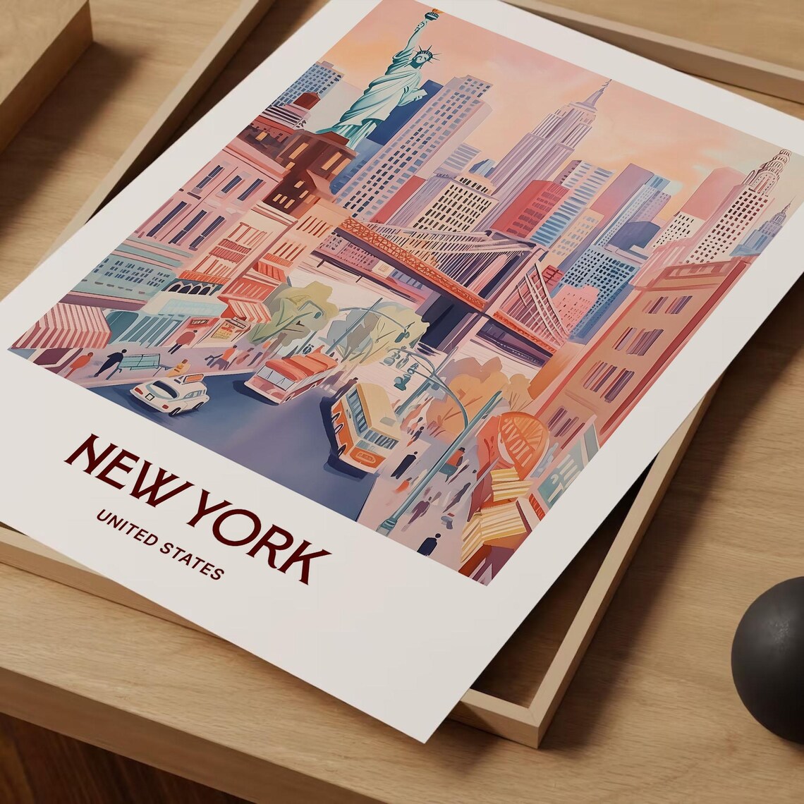New York Skyline Brooklyn Bridge Buses Manhattan Watercolor Travel Poster - Image 2