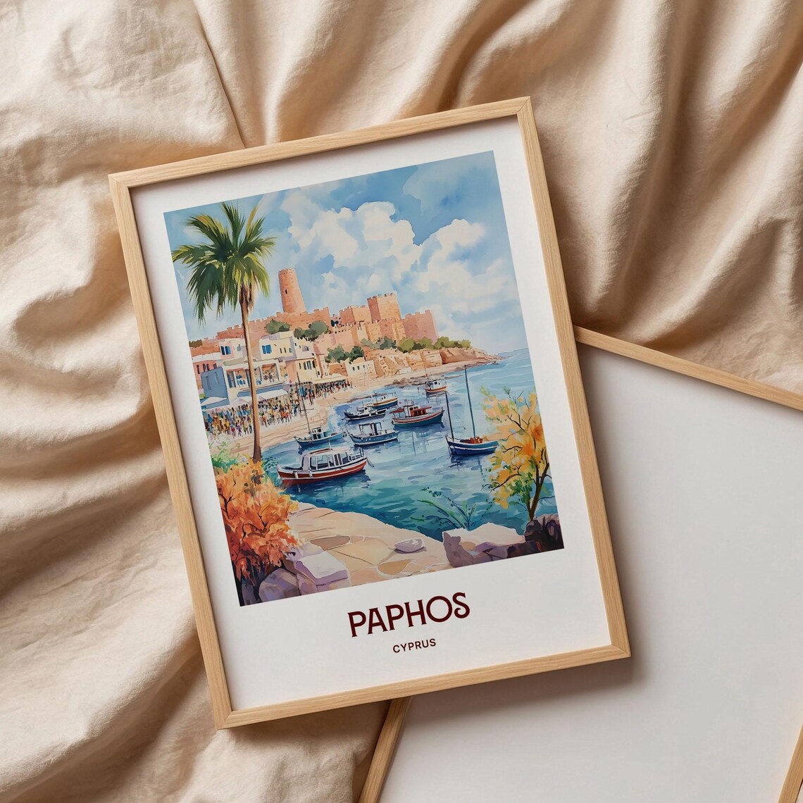 Paphos Cyprus Harbor Boats Castle Palm Watercolor Travel Poster - Image 3