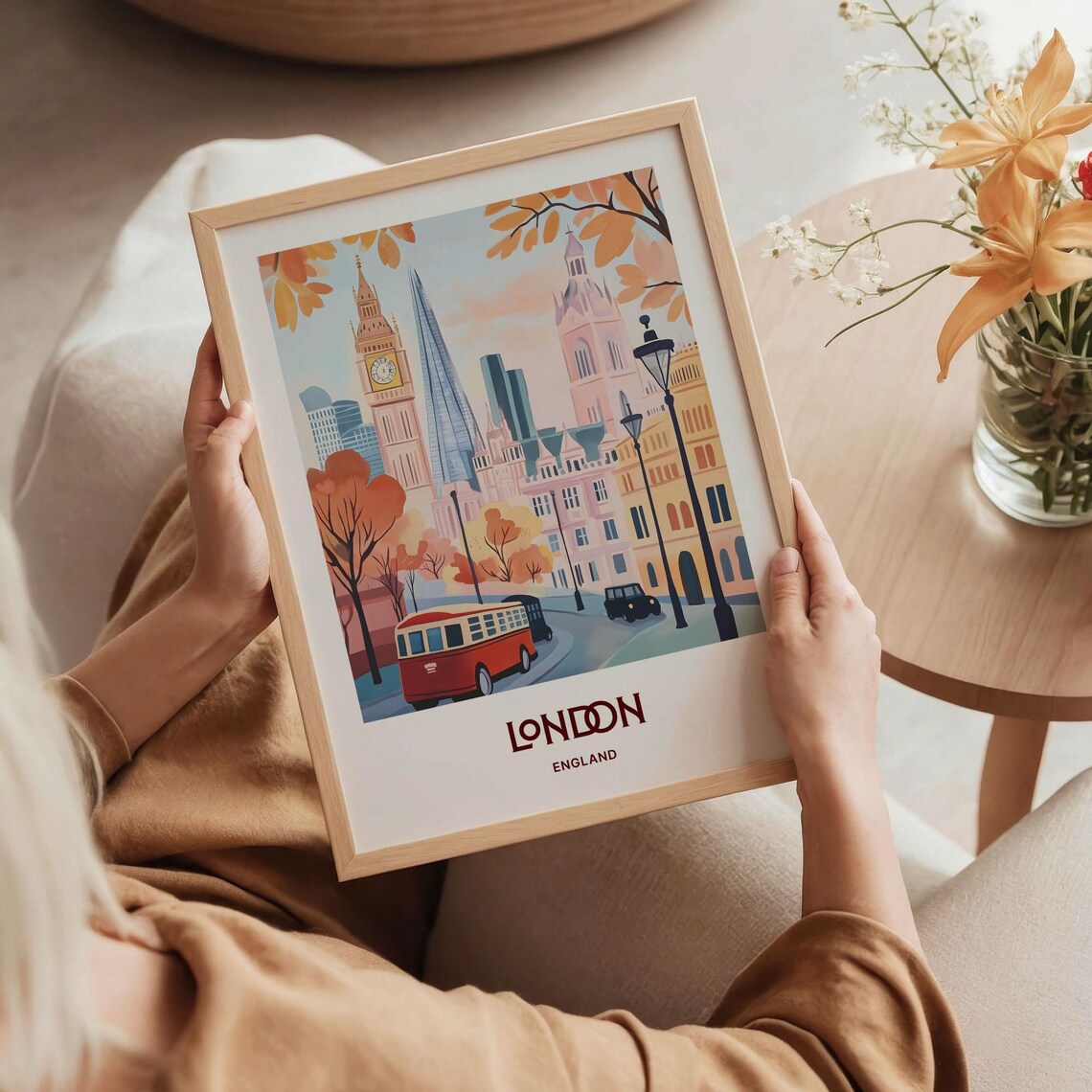 London England Autumn Street Big Ben Bus Skyline Travel Art Poster - Image 5