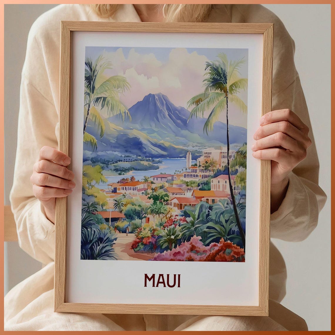 Maui Hawaii Island Volcano Mountain Coast Pastel Watercolor Poster