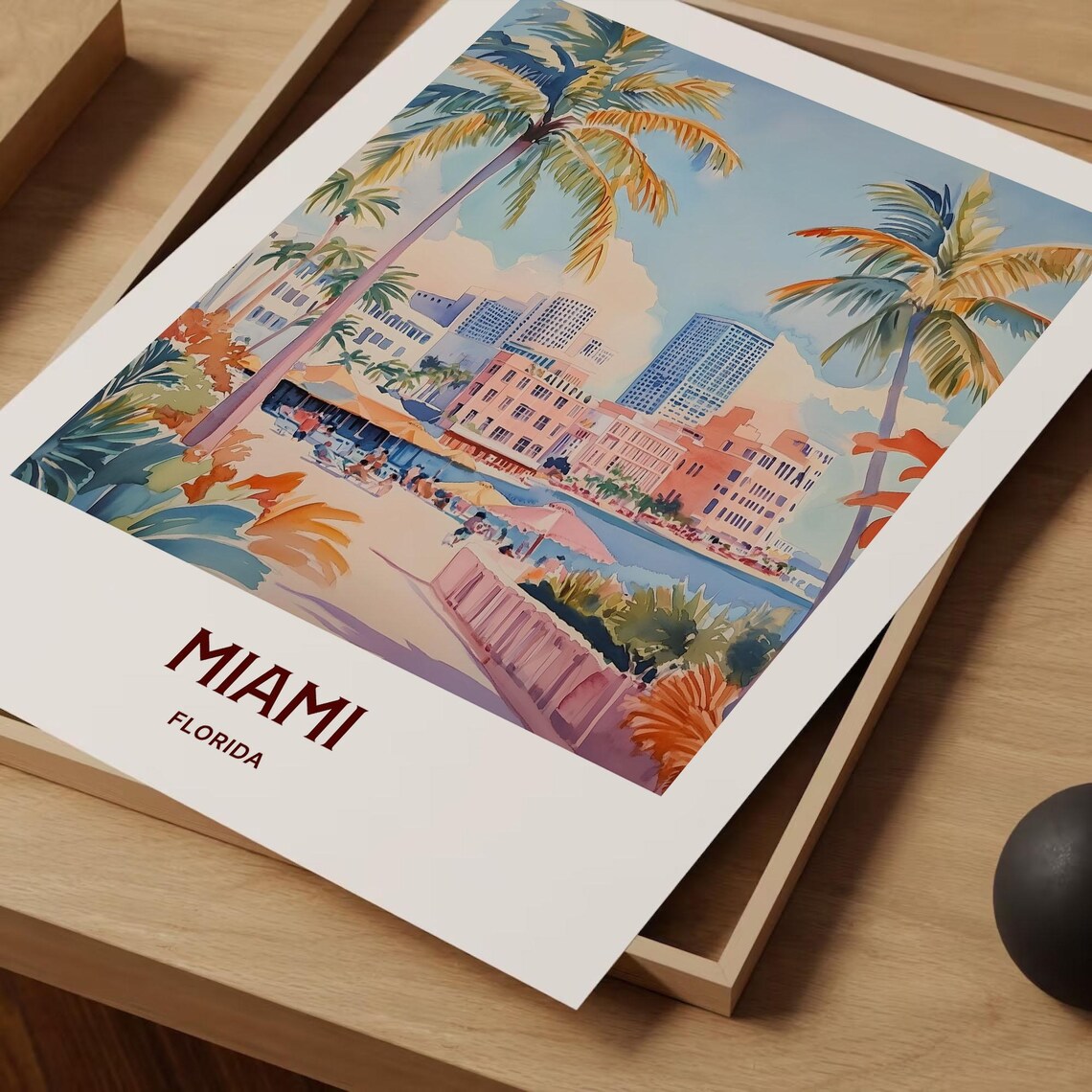 Miami Florida Beach Palm Trees Skyline Watercolor Travel Poster - Image 2