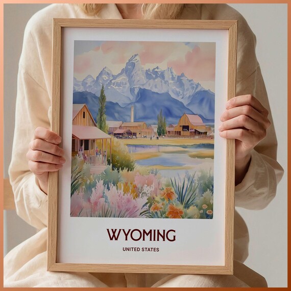Wyoming Teton Mountains Ranch Barn Wildflowers Watercolor Travel Poster