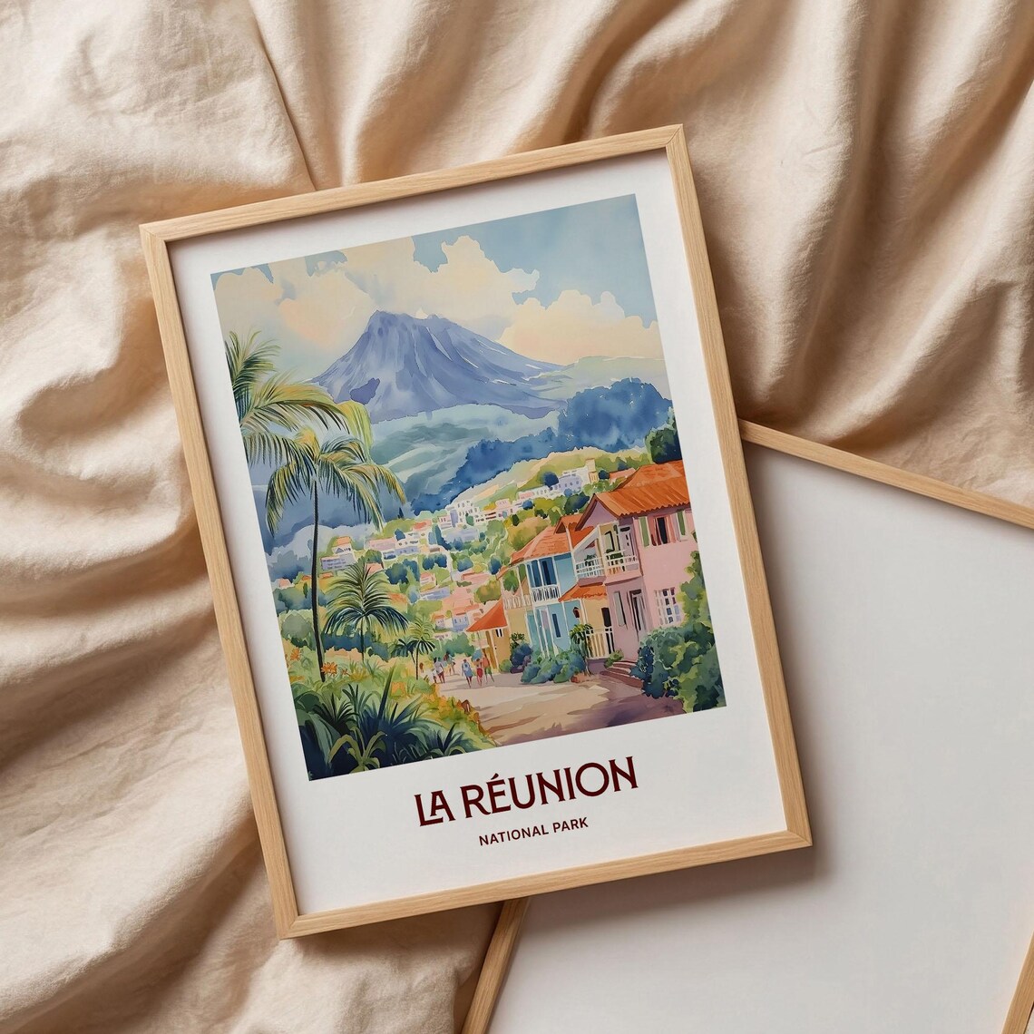 La Reunion National Park Volcano Village Watercolor Island Poster - Image 3