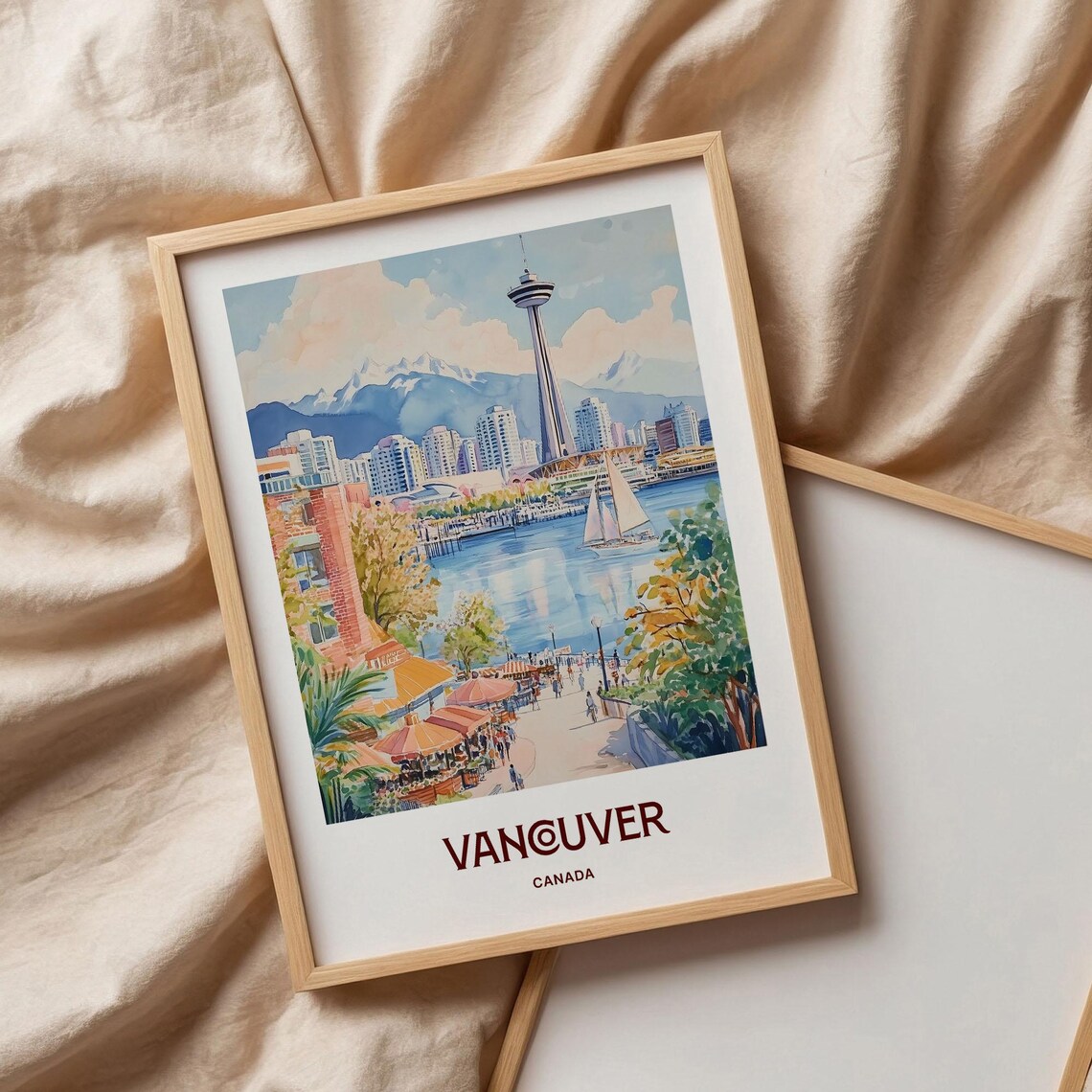 Vancouver Canada Harbour Sailboats Skyline Watercolor Travel Poster - Image 3