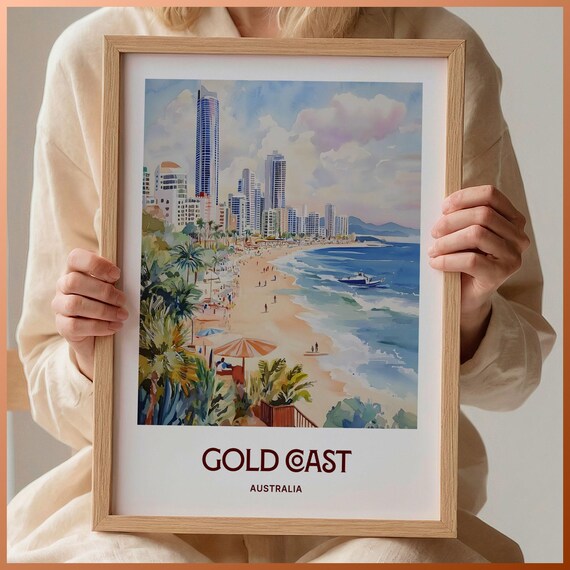Gold Coast Australia Beach Skyline Surf Watercolor Travel Poster