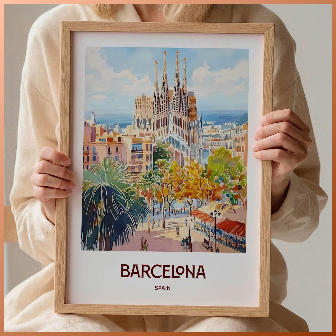 Barcelona Spain Sagrada Familia Spires Watercolor Travel Poster