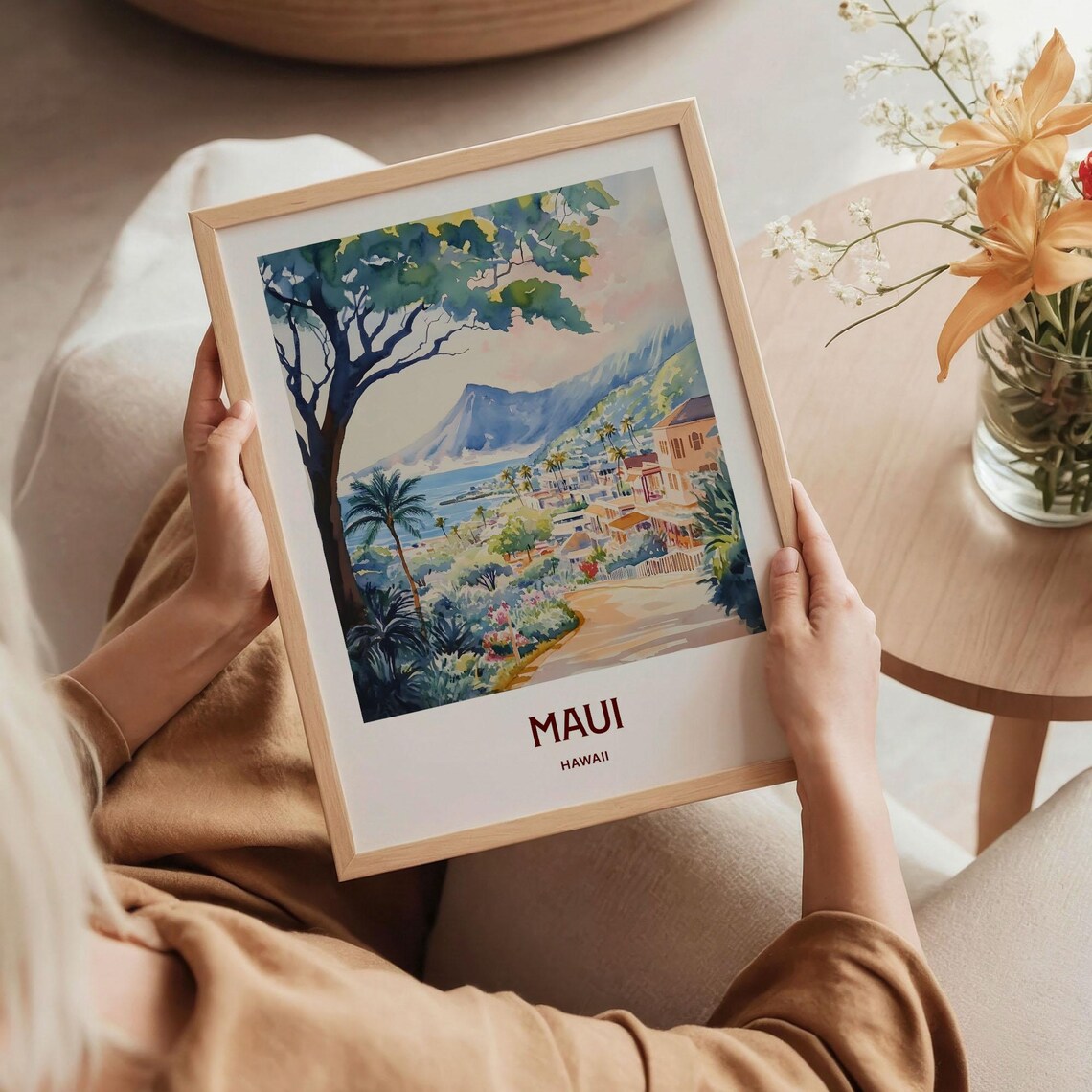 Maui Hawaii Coastal Town Mountain Palms Watercolor Travel Poster - Image 5