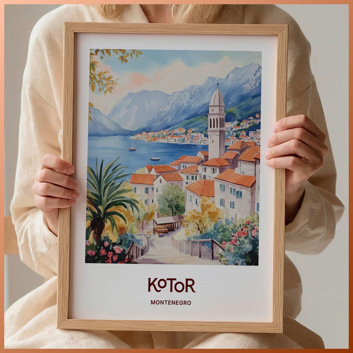 Kotor Montenegro Bay Bell Tower Mountains Watercolor Travel Poster Art