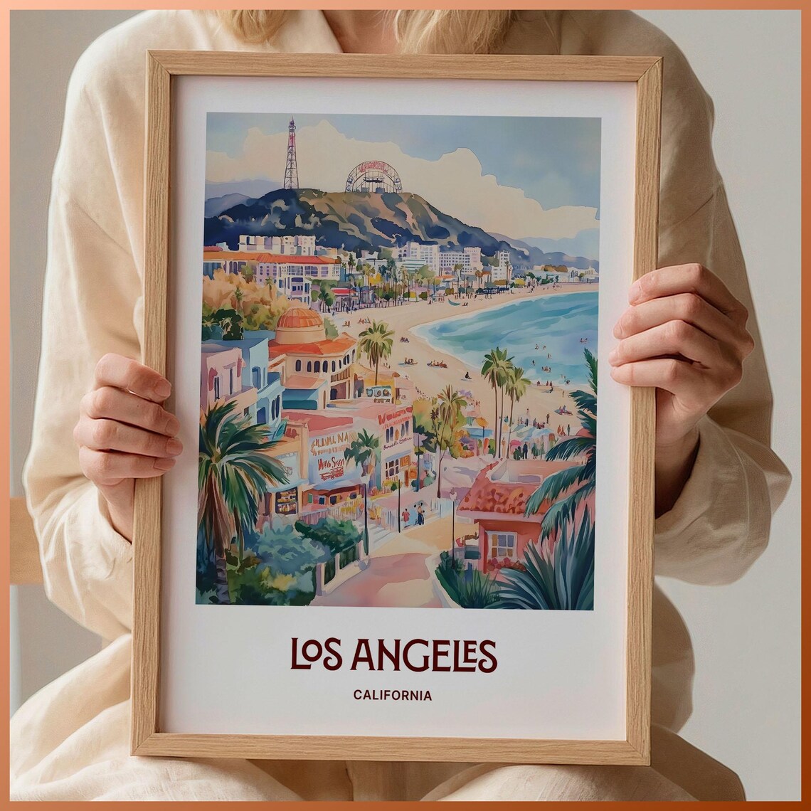 Los Angeles Beachfront Ferris Wheel Watercolor California Poster