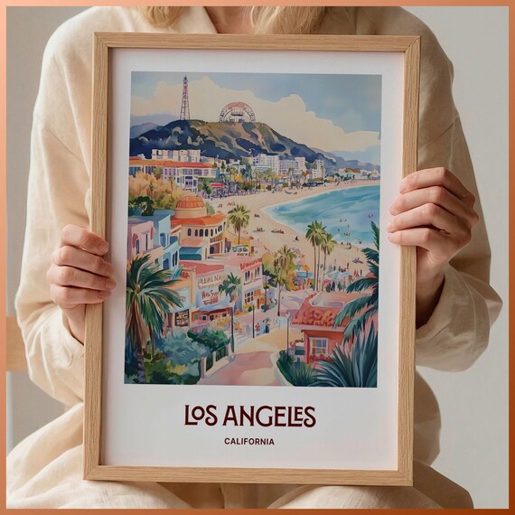 Los Angeles Beachfront Ferris Wheel Watercolor California Poster
