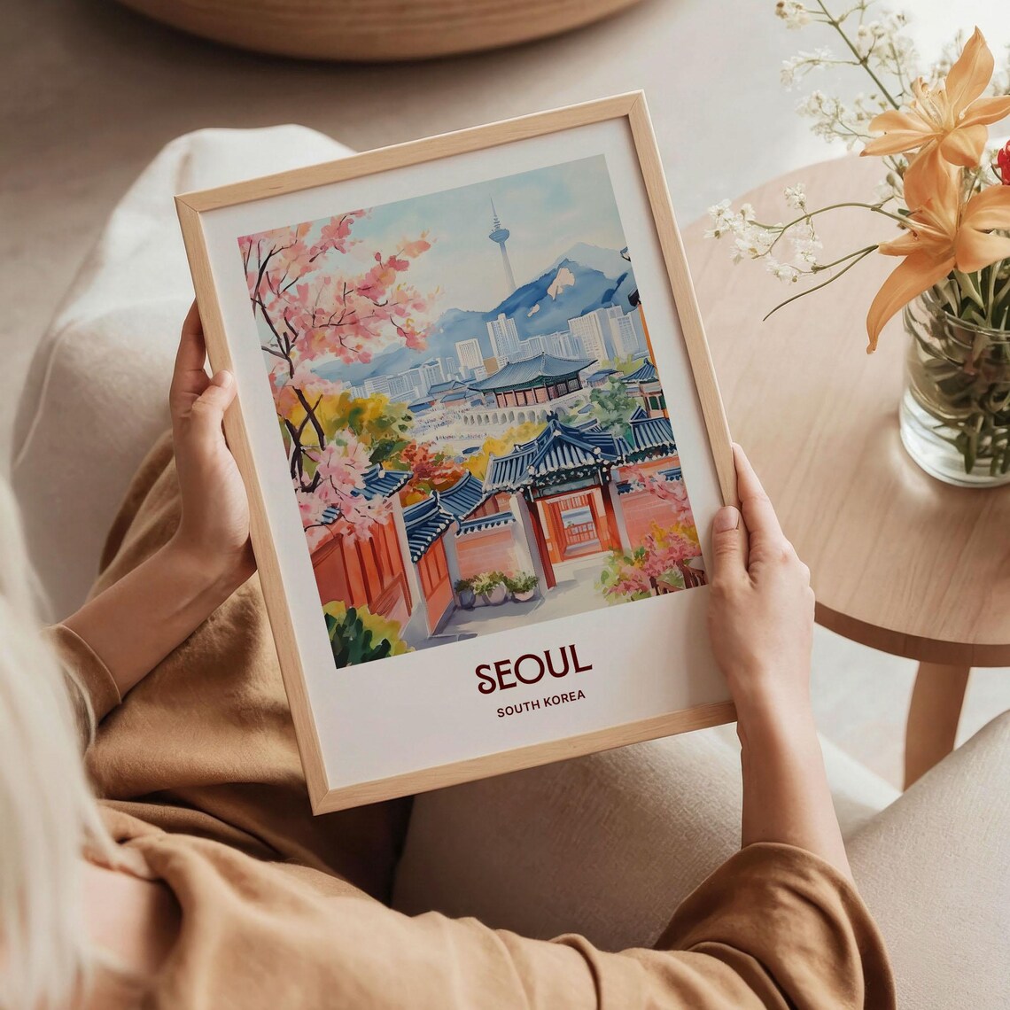 Seoul South Korea Cherry Blossom Palace Watercolor Travel Poster - Image 5