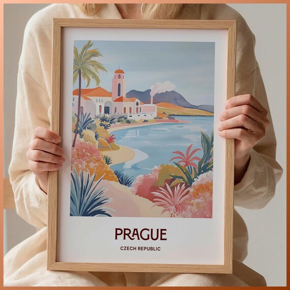 Prague Czech Republic Tropical Palm Waterfront Artwork Scene Poster