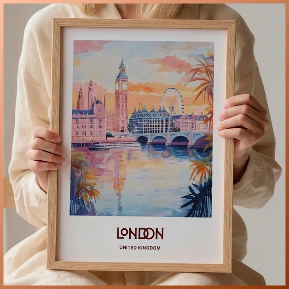 London United Kingdom Big Ben London Eye Glowing Sunset Poster