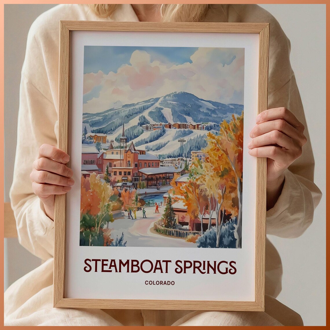 Steamboat Springs Colorado Ski Slopes Village Watercolor Winter Poster