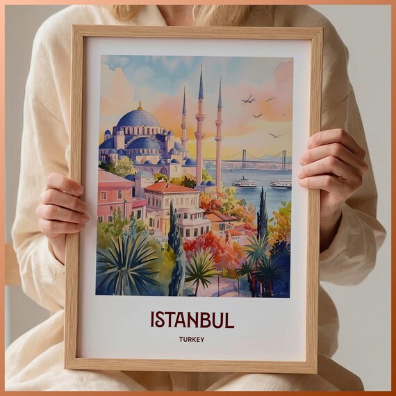 Istanbul Turkey Pastel Blue Mosque Bosphorus Watercolor Poster