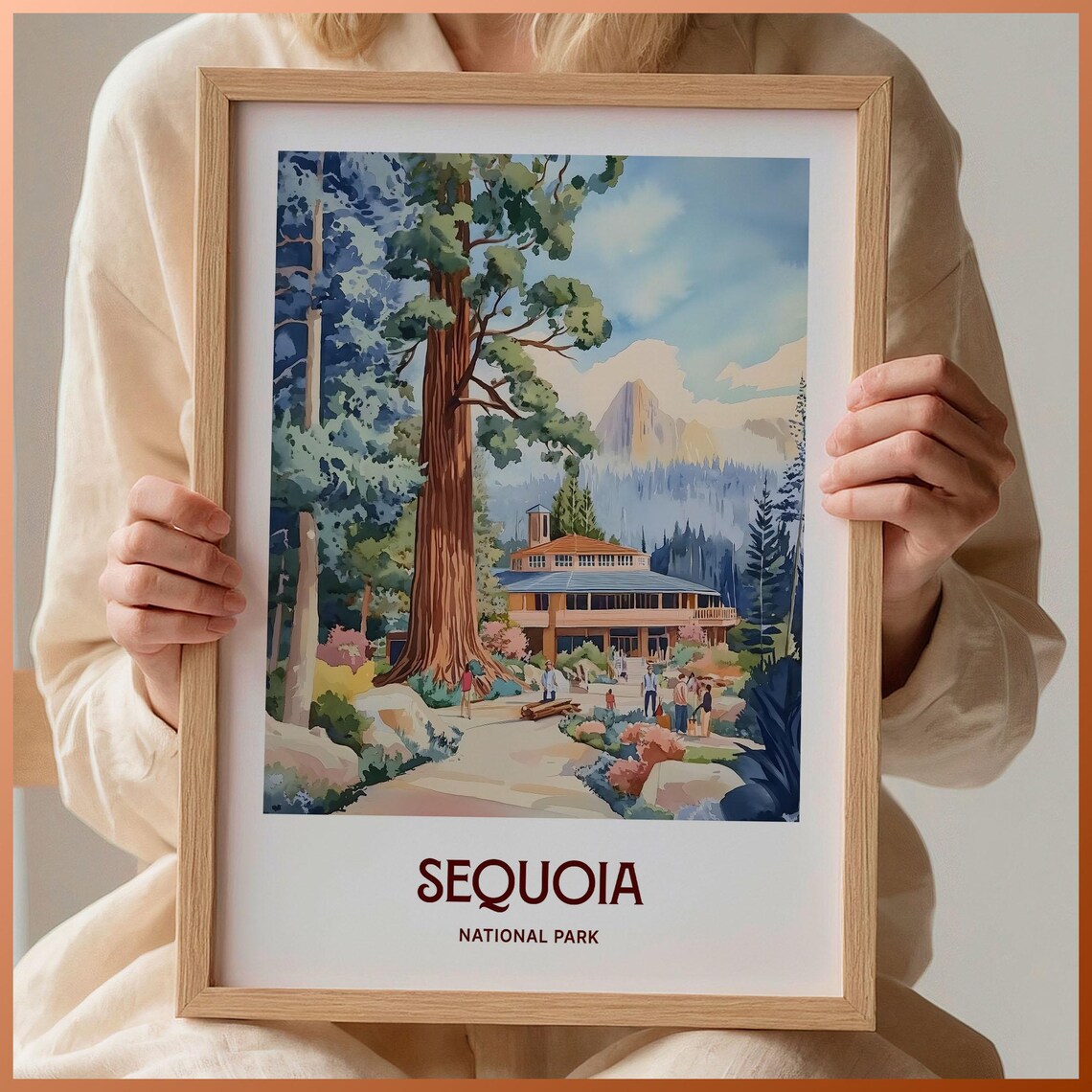 Sequoia National Park Giant Trees Watercolor Poster Forest View