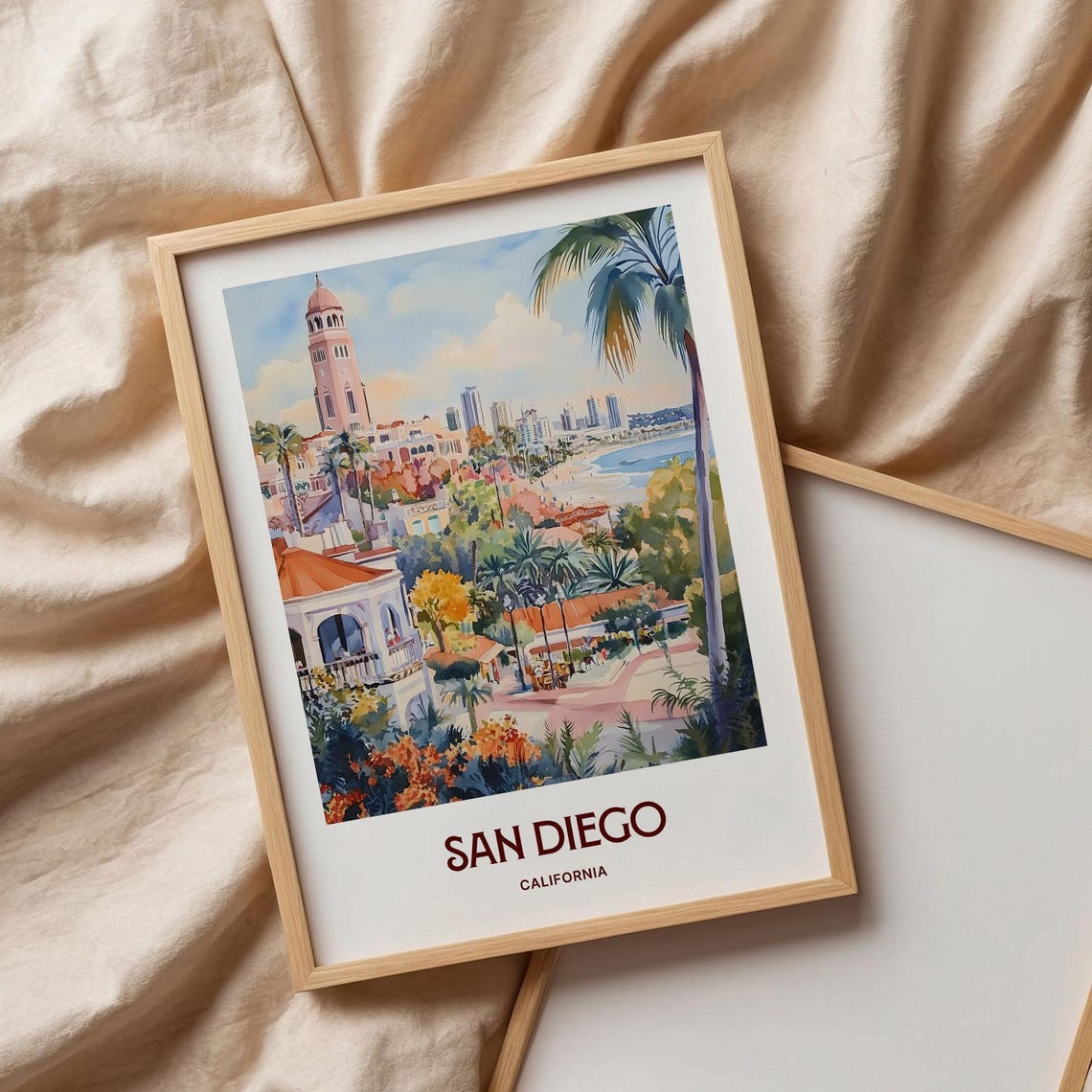 San Diego California Mission Style Bell Tower Coast Watercolor Poster - Image 3
