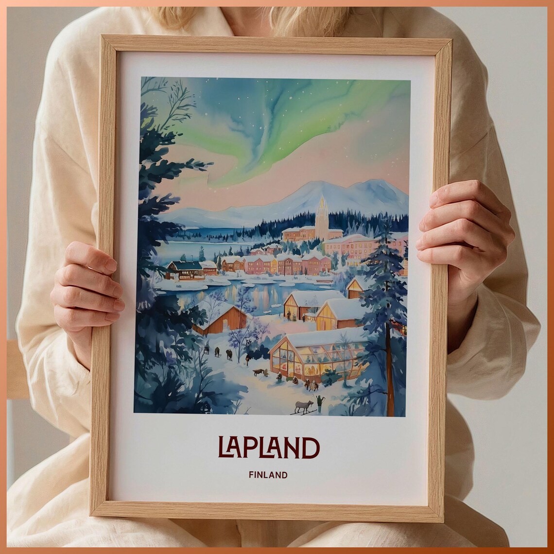 Lapland Finland Northern Lights Snowy Village Watercolor Poster