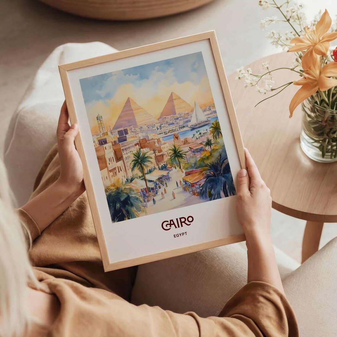 Cairo Egypt Pyramids Nile Felucca Market Watercolor Travel Poster - Image 5