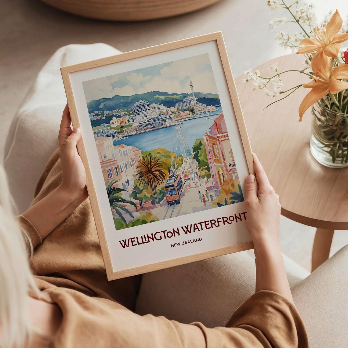 Wellington Waterfront New Zealand Cable Car Harbor Watercolor Travel Poster - Image 5