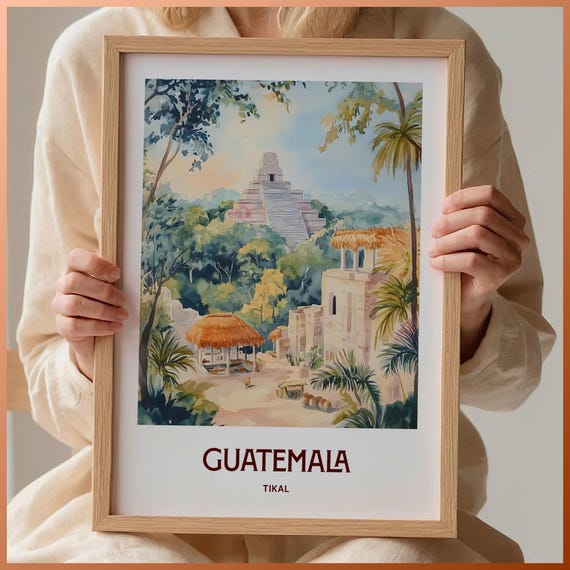 Vintage Guatemala Travel Poster Tikal Maya Art Print Minimalist Home Decor Tropical Wall Art Sizes 8x10 To 24x36 C35 646