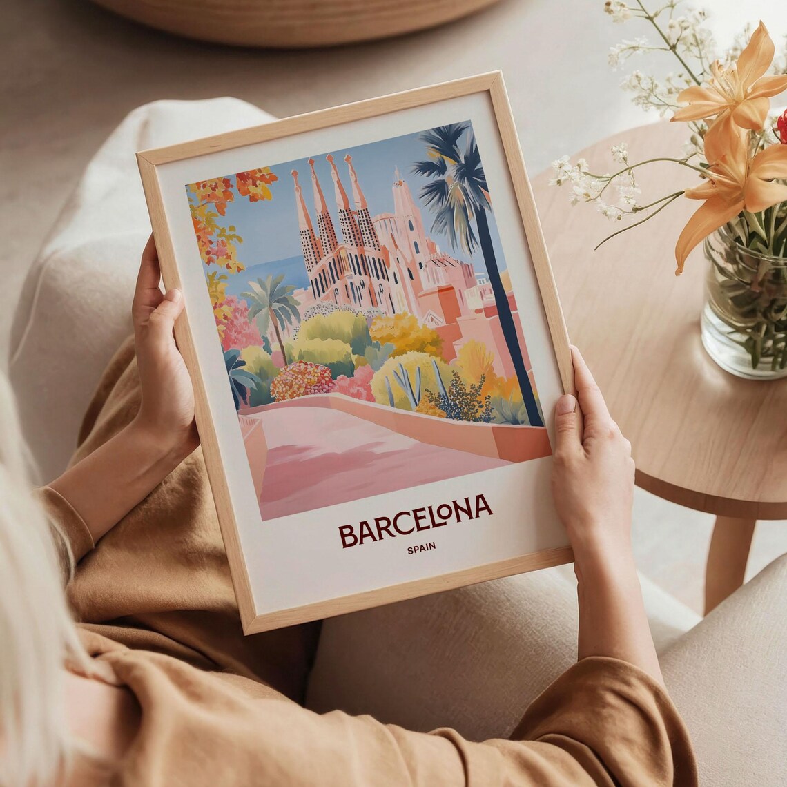 Barcelona Spain Sagrada Familia Lush Garden Walkway Scene Poster - Image 5