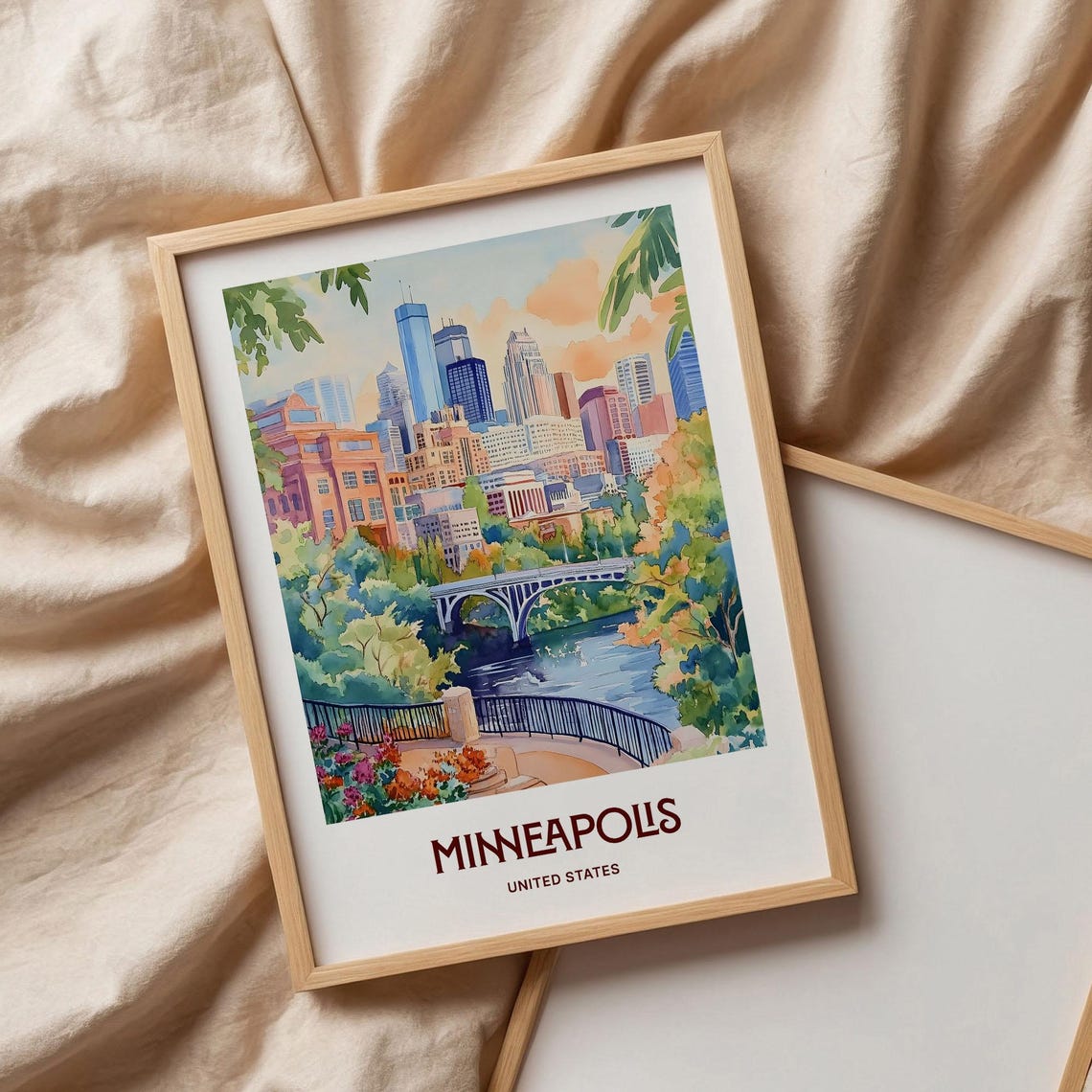Minneapolis Minnesota Skyline River Bridge Watercolor Travel Poster - Image 3
