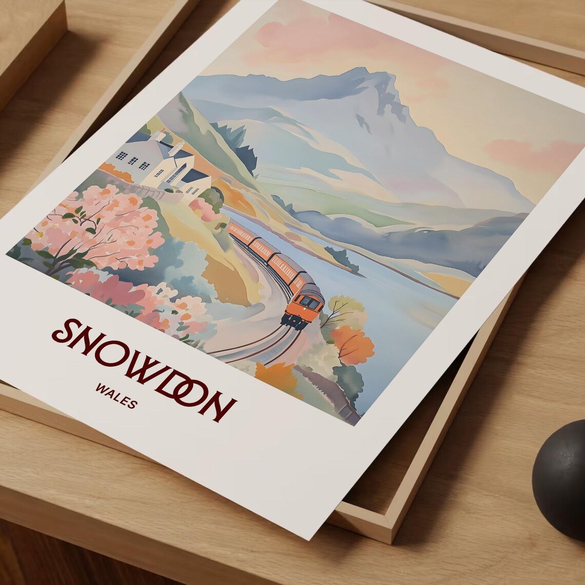 Snowdon Wales Pastel Mountain Railway Lake Scene Watercolor Poster - Image 2