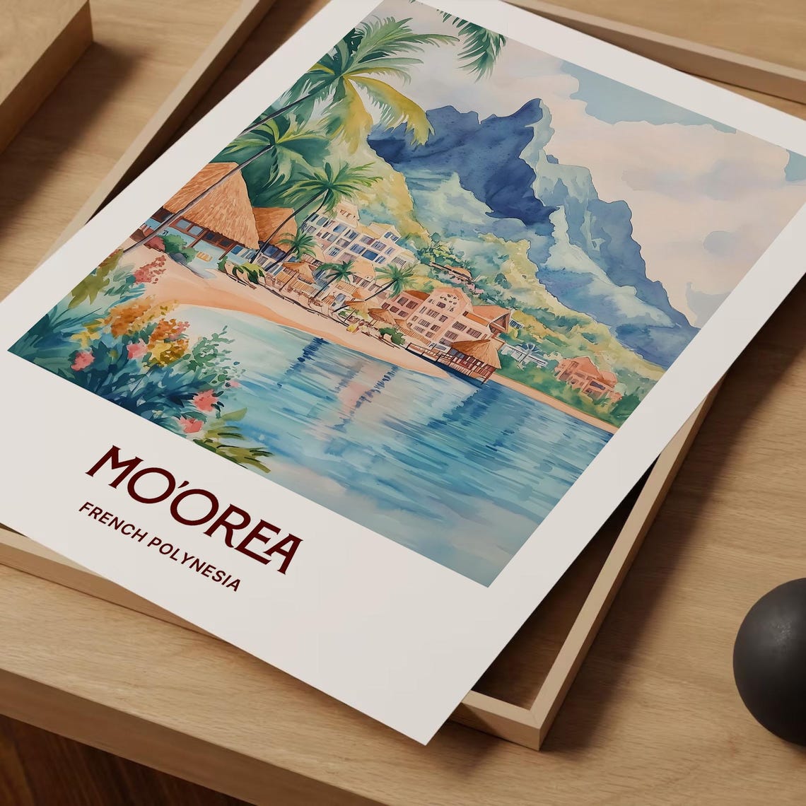 Moorea French Polynesia Island Peak Watercolor Travel Poster - Image 2