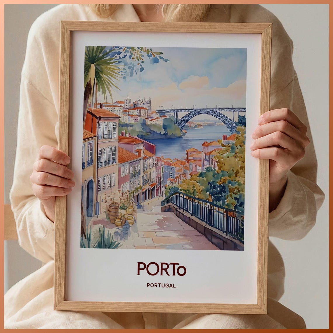 Porto Portugal Riverside Arched Bridge Old Town Watercolor Poster