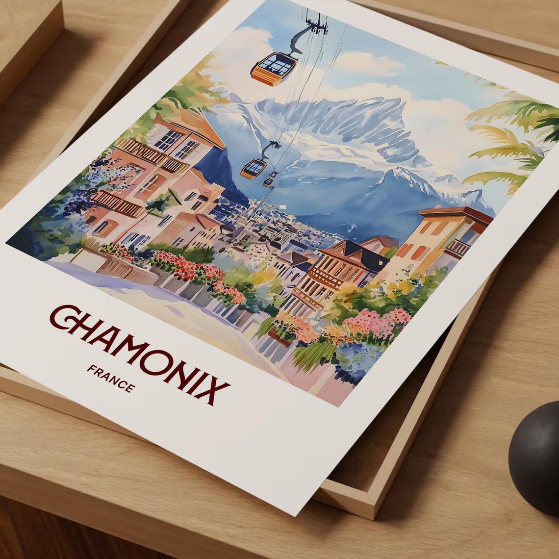 Chamonix France Ski Gondolas Alpine Resort Town Watercolor Poster - Image 2