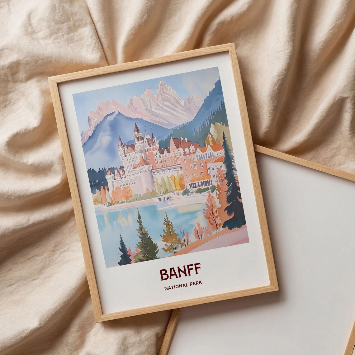 Banff National Park Canada Fairmont Lakeside Castle Watercolor Poster - Image 3